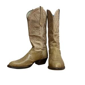 Vintage Tony Lama Women's Lizard Leather Western Cowboy Boots 6 Cream Tan